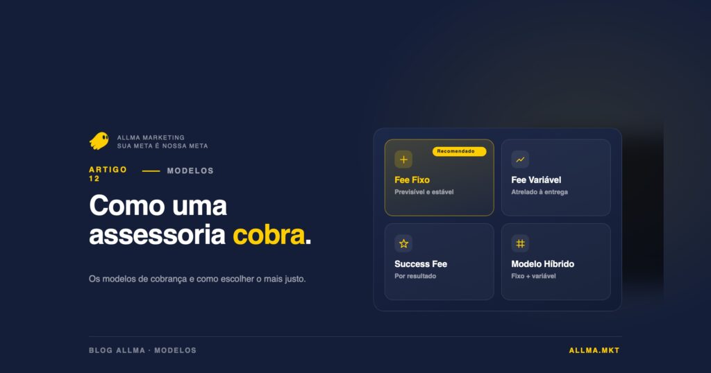 Entenda os modelos de cobrança de assessoria de marketing digital, o que cada um significa e como avaliar custo-benefício antes de fechar contrato.